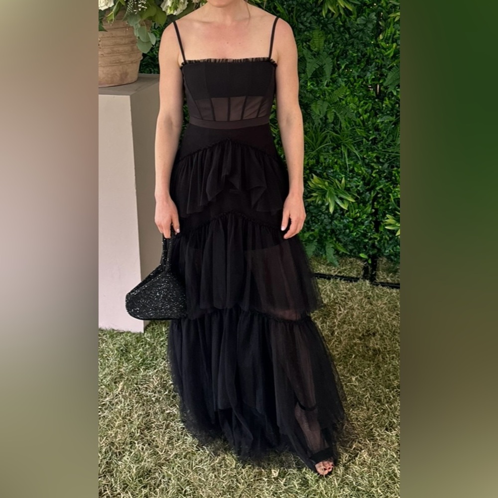 Betsy Adams Mesh Corset Tiered Gown